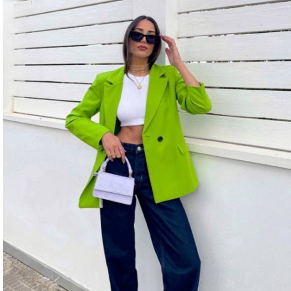 Zara Lime Green Oversized Long Blazer NWT Size Small Blogger Fav Single Button